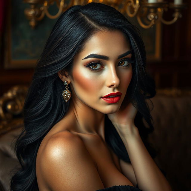 A stunning artistic portrayal of a beautiful woman with long dark hair, portrayed in a luxurious setting that reflects opulence, styled to resemble a celebrated personality