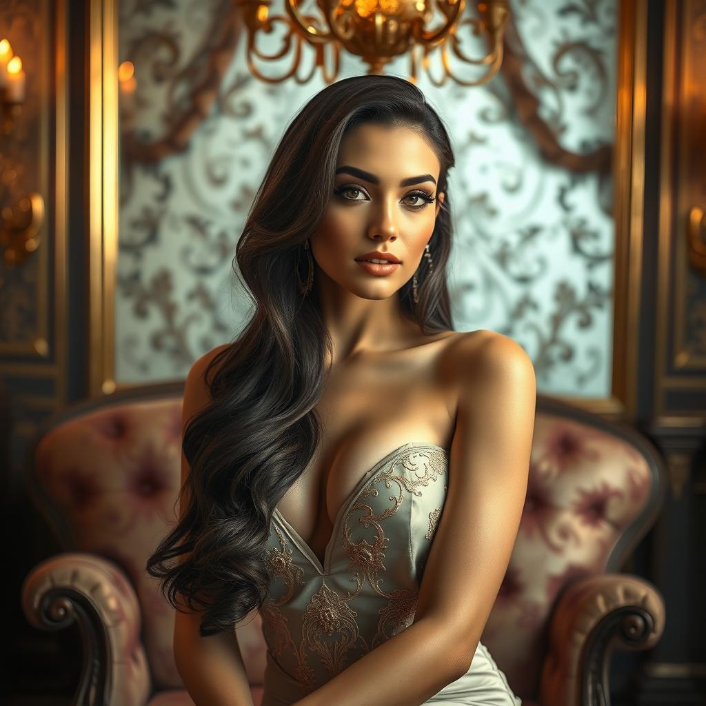 A stunning artistic portrayal of a beautiful woman with long dark hair, portrayed in a luxurious setting that reflects opulence, styled to resemble a celebrated personality