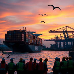 A vibrant scene depicting a cargo ship navigating through a bustling harbor during sunset
