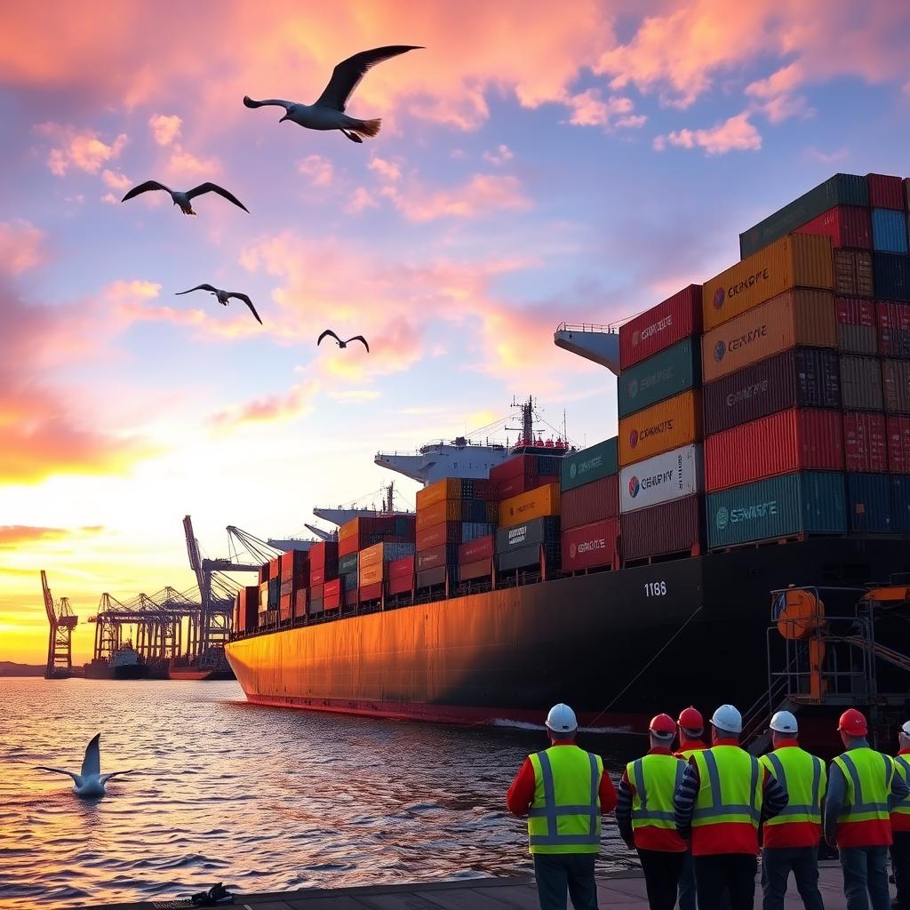 A vibrant scene depicting a cargo ship navigating through a bustling harbor during sunset