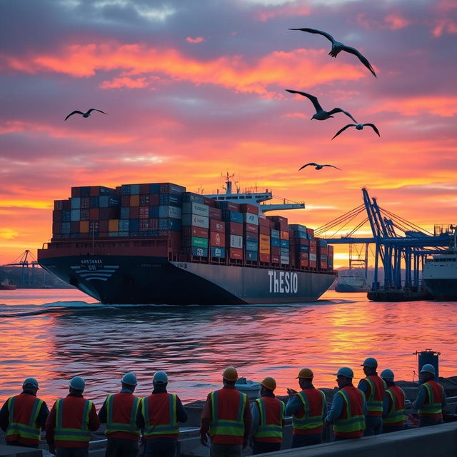 A vibrant scene depicting a cargo ship navigating through a bustling harbor during sunset