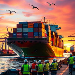 A vibrant scene depicting a cargo ship navigating through a bustling harbor during sunset