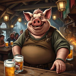 A jovial and portly pig tavern keeper in a bustling Dungeons and Dragons fantasy setting