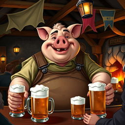A jovial and portly pig tavern keeper in a bustling Dungeons and Dragons fantasy setting