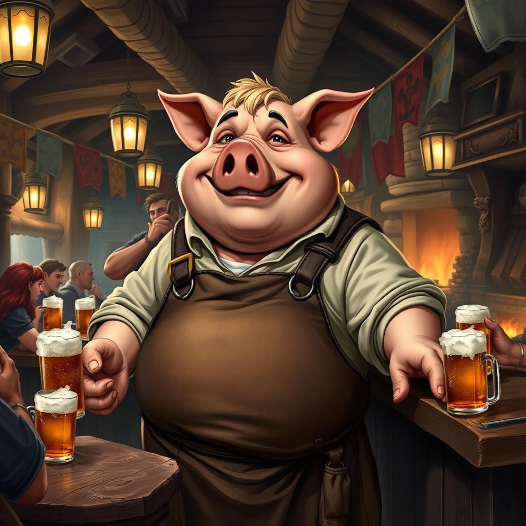 A jovial and portly pig tavern keeper in a bustling Dungeons and Dragons fantasy setting