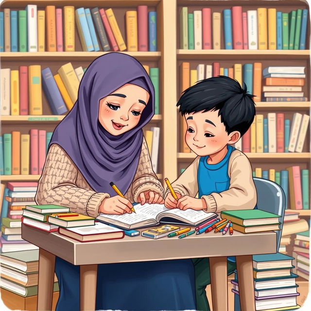 A heartwarming scene depicting a Muslim sister assisting her younger brother with his homework