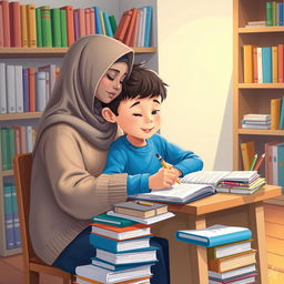 A heartwarming scene depicting a Muslim sister assisting her younger brother with his homework