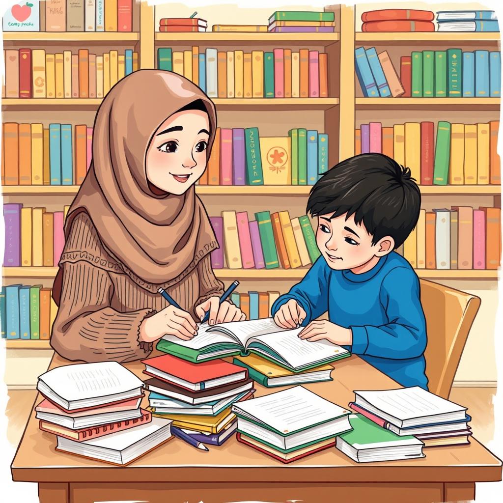 A heartwarming scene depicting a Muslim sister assisting her younger brother with his homework