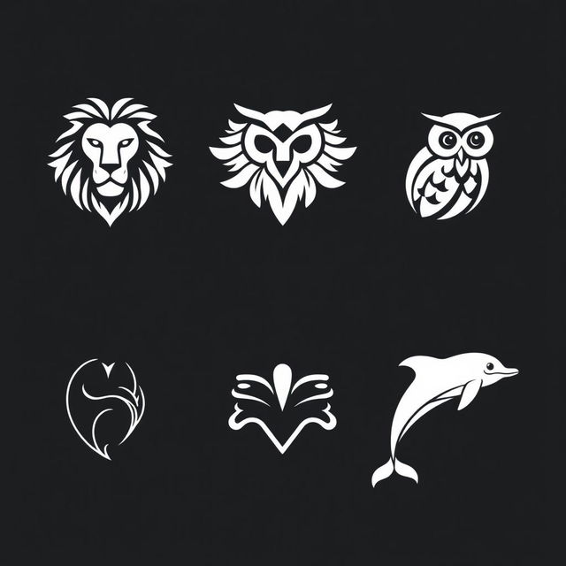 A collection of several logos designed in the shape of various animals, including a lion, an owl, and a dolphin, all featuring linear aesthetics