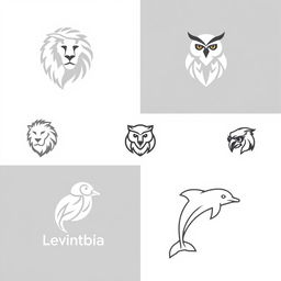 A collection of several logos designed in the shape of various animals, including a lion, an owl, and a dolphin, all featuring linear aesthetics