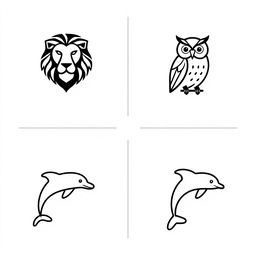 A collection of several logos designed in the shape of various animals, including a lion, an owl, and a dolphin, all featuring linear aesthetics