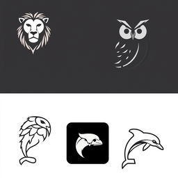A collection of several logos designed in the shape of various animals, including a lion, an owl, and a dolphin, all featuring linear aesthetics