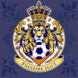 A majestic coat of arms featuring a regal crown on top, with a powerful lion depicted in the center holding a football
