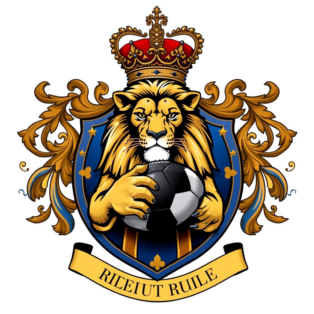 A majestic coat of arms featuring a regal crown on top, with a powerful lion depicted in the center holding a football