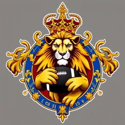 A majestic coat of arms featuring a regal crown on top, with a powerful lion depicted in the center holding a football
