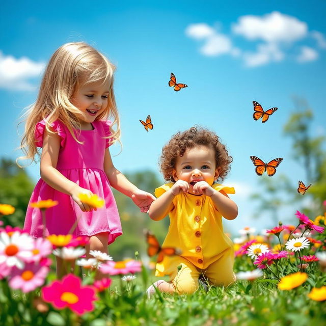 A heartwarming scene of two young sisters playing together in a sunny park