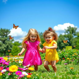 A heartwarming scene of two young sisters playing together in a sunny park