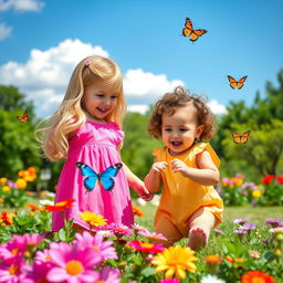 A heartwarming scene of two young sisters playing together in a sunny park