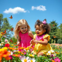 A heartwarming scene of two young sisters playing together in a sunny park