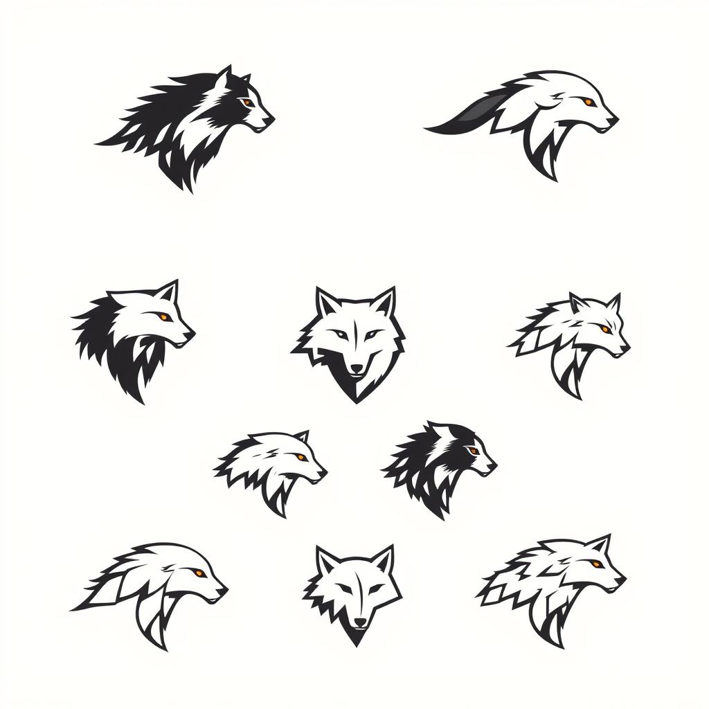 A collection of various logos designed in the shape of a wolf, showcasing linear aesthetics