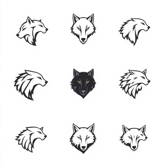 A collection of various logos designed in the shape of a wolf, showcasing linear aesthetics