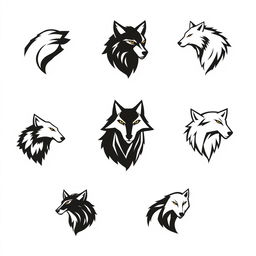 A collection of various logos designed in the shape of a wolf, showcasing linear aesthetics