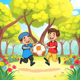 A vibrant cartoon illustration depicting two Muslim brothers having fun playing with a ball in the center of a sunny park