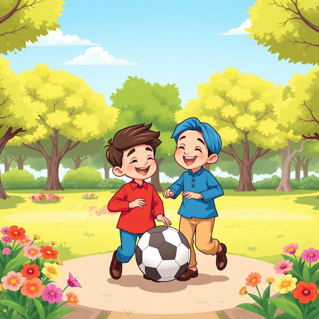 A vibrant cartoon illustration depicting two Muslim brothers having fun playing with a ball in the center of a sunny park