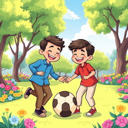 A vibrant cartoon illustration depicting two Muslim brothers having fun playing with a ball in the center of a sunny park