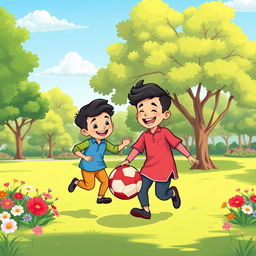 A vibrant cartoon illustration depicting two Muslim brothers having fun playing with a ball in the center of a sunny park