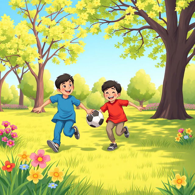 A charming cartoon illustration depicting a scene in a vibrant, sunny park where two Muslim brothers are joyfully playing with a ball