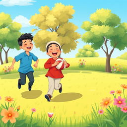 A charming cartoon illustration depicting a scene in a vibrant, sunny park where two Muslim brothers are joyfully playing with a ball