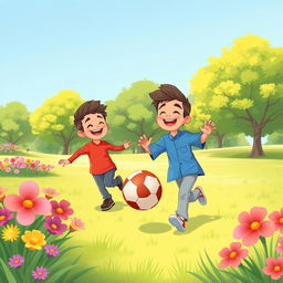 A charming cartoon illustration depicting a scene in a vibrant, sunny park where two Muslim brothers are joyfully playing with a ball