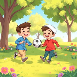 A charming cartoon illustration depicting a scene in a vibrant, sunny park where two Muslim brothers are joyfully playing with a ball