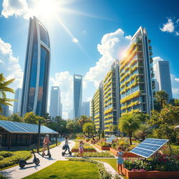 A futuristic cityscape where solar cells are a central part of the architecture, featuring skyscrapers with solar panels integrated into their design