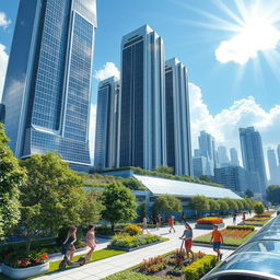 A futuristic cityscape where solar cells are a central part of the architecture, featuring skyscrapers with solar panels integrated into their design