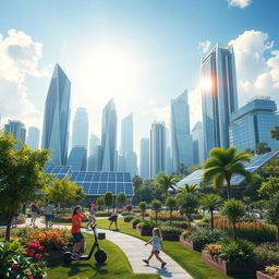 A futuristic cityscape where solar cells are a central part of the architecture, featuring skyscrapers with solar panels integrated into their design