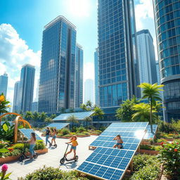 A futuristic cityscape where solar cells are a central part of the architecture, featuring skyscrapers with solar panels integrated into their design