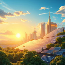 A beautifully detailed illustration of solar cells in a futuristic landscape, showcasing various types of solar panels integrated into a vibrant city skyline