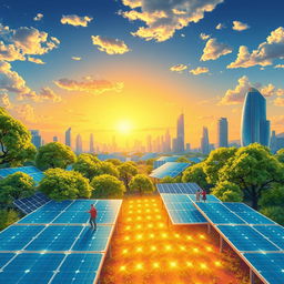 A beautifully detailed illustration of solar cells in a futuristic landscape, showcasing various types of solar panels integrated into a vibrant city skyline