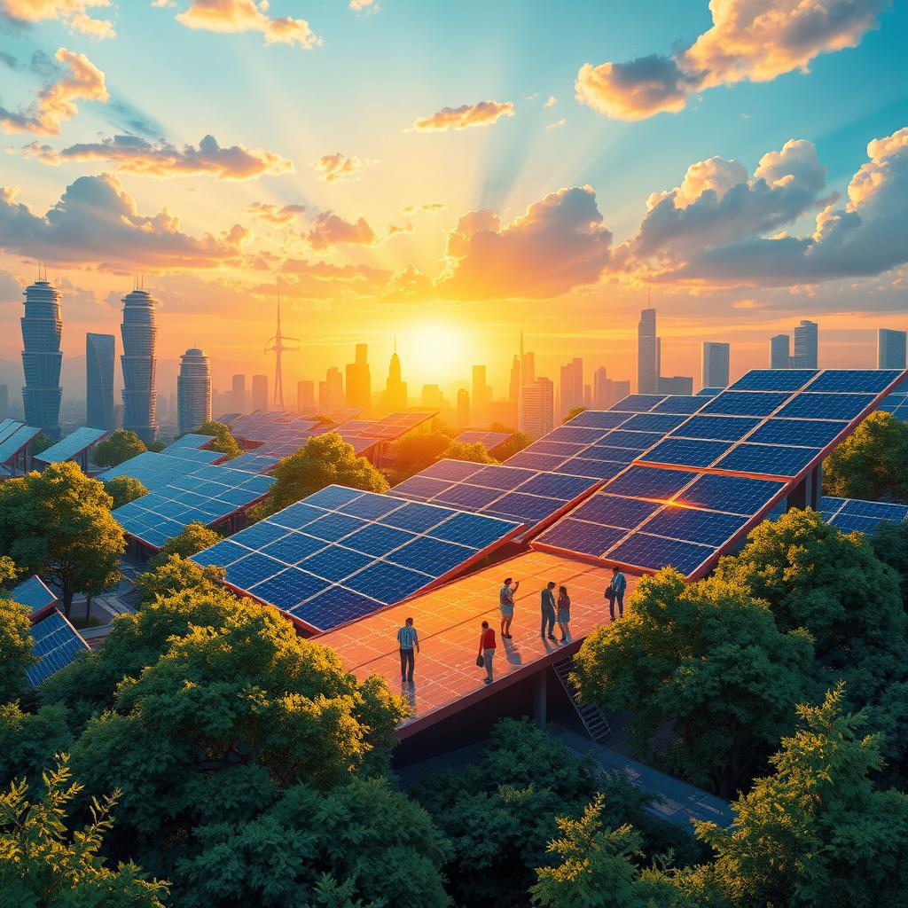 A beautifully detailed illustration of solar cells in a futuristic landscape, showcasing various types of solar panels integrated into a vibrant city skyline