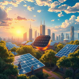 A beautifully detailed illustration of solar cells in a futuristic landscape, showcasing various types of solar panels integrated into a vibrant city skyline