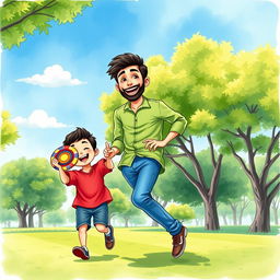Two Muslim brothers joyfully playing in a park, illustrated in a vibrant watercolor style