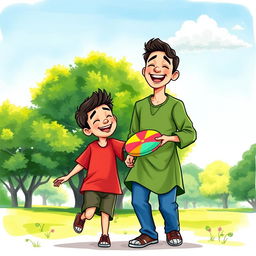 Two Muslim brothers joyfully playing in a park, illustrated in a vibrant watercolor style