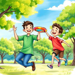Two Muslim brothers joyfully playing in a park, illustrated in a vibrant watercolor style