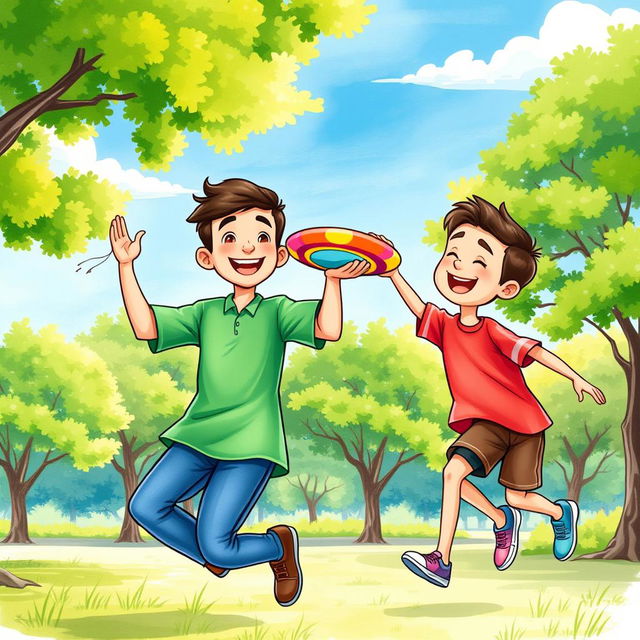 Two Muslim brothers joyfully playing in a park, illustrated in a vibrant watercolor style