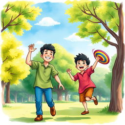 Two Muslim brothers joyfully playing in a park, illustrated in a vibrant watercolor style