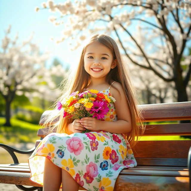 A cute girl with long flowing hair, wearing a colorful summer dress adorned with floral patterns