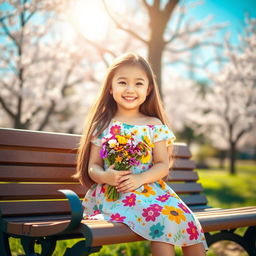 A cute girl with long flowing hair, wearing a colorful summer dress adorned with floral patterns