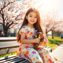 A cute girl with long flowing hair, wearing a colorful summer dress adorned with floral patterns